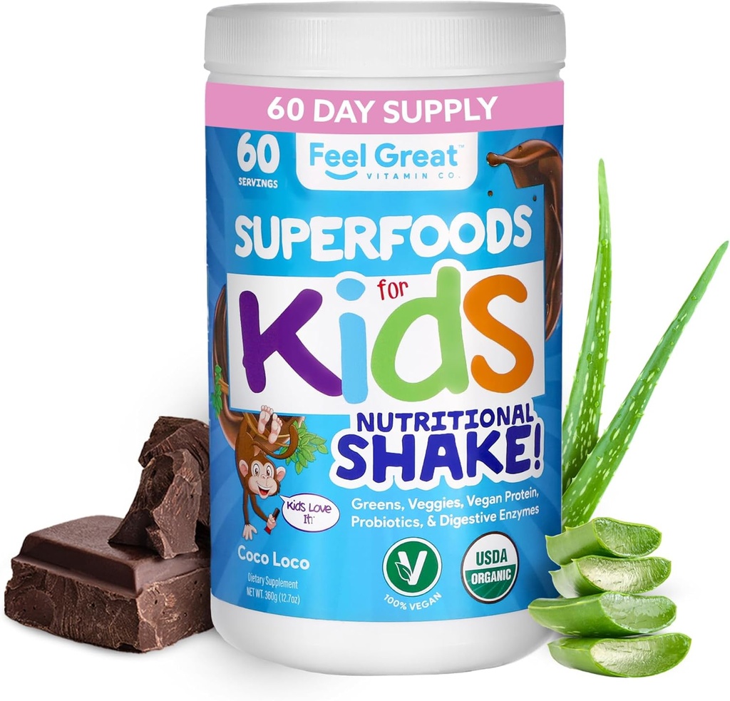 Kids Organic Super Green Powder med frugter & grøntsager - All- In- One Kids Multivitamin lavet af rigtige planter - Ingen syntetiske vitaminer, ingen fyldstoffer eller bindemidler, ingen sukker tilsat.