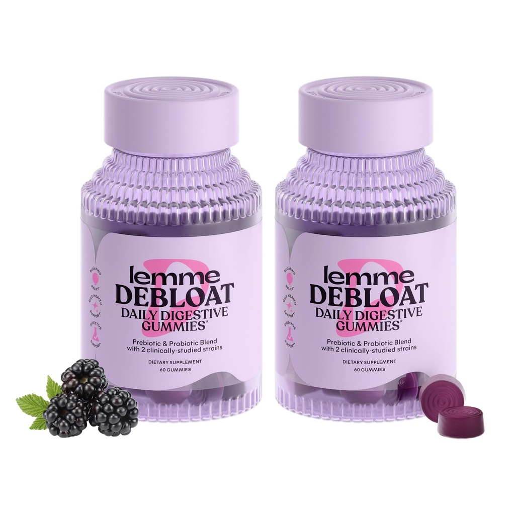 Lemme Debloat - Gut Health Gummies med 2 Klinisk Studerede Probiotika & Prebiotika, Vegetar, Gluten Free, Non GMO, BlackBerry Flavor (60 Greve) (Pack of 2)