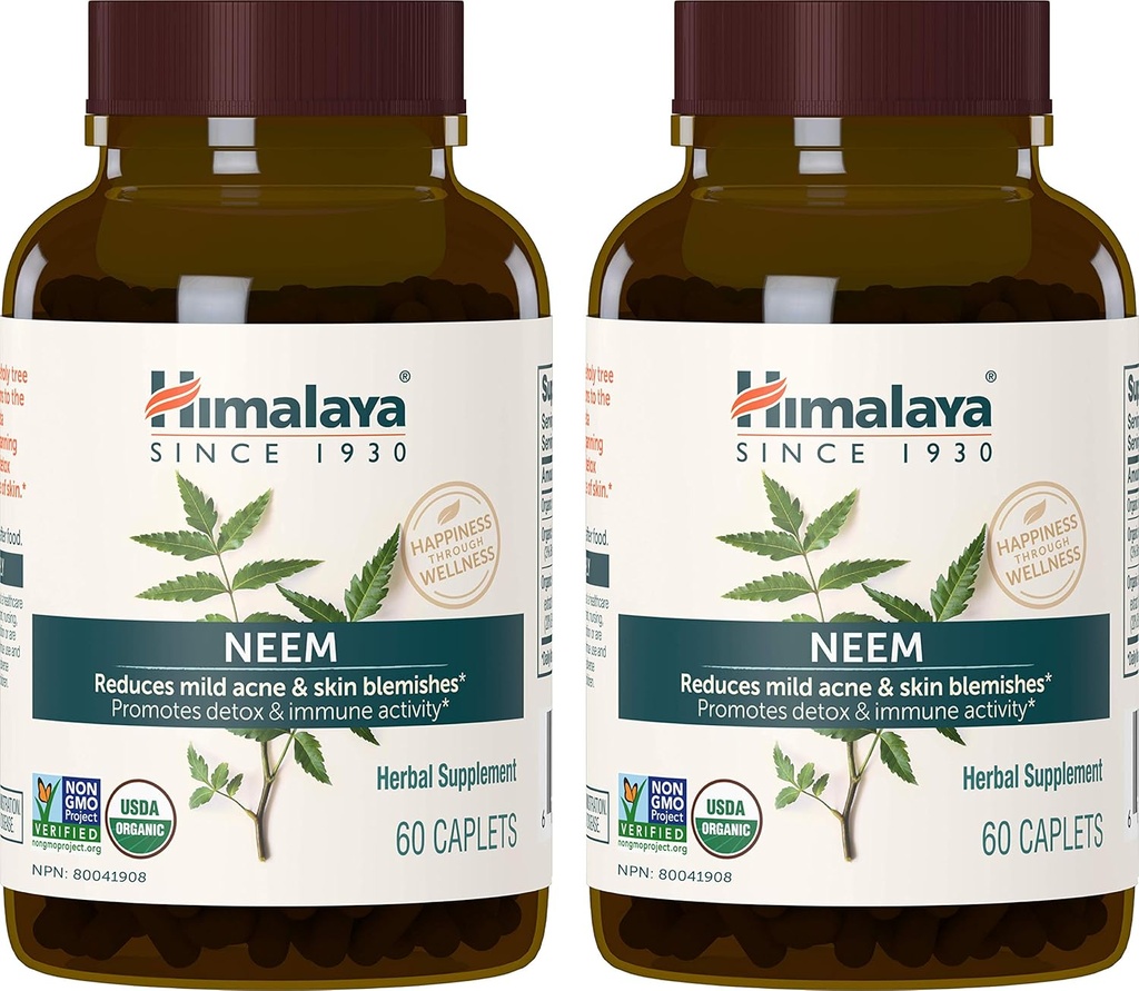 Himalaya Organic Neem Herbal Supplement, for Mild Acne & Clear Skin, Rensning, Ayurvedic, USDA Certified Organic, Non- GMO, Vegan, 600 mg, 60 Plant Based Caplets, 2 Pack