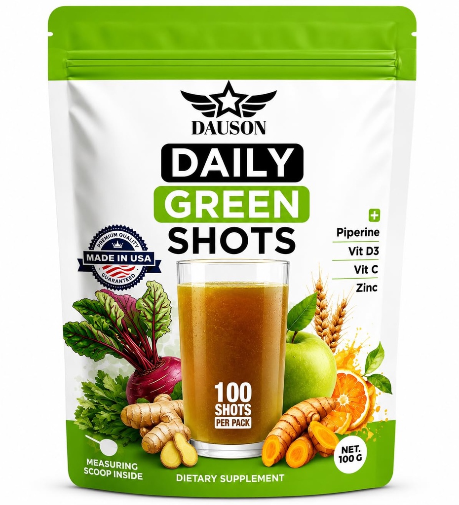 Daily Green Shots - Superfood Powder med Wheatgrass, Matcha, Beetroot, Ashwagandha, Gurkemeje & Prebiotika - Immunity & Energy Support - Vegan Green Supplement - 100 Skud