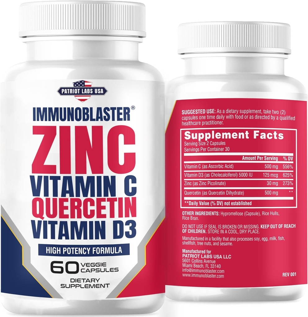 Zink Quercetin 500mg med D-vitamin og C Antioxidant immunsupport med høj potens Quercetin Zink supplement til mænd og kvinder - Gluten, soja, & Dairy Free - 60 greve (pakke med 1)