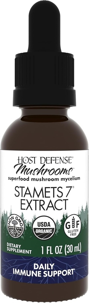 Host Defense Stamets 7 Extract - 7 Art Blend - Mushroom supplement til immunforsvar med Royal Sun Blazei, Cordyceps, Reishi, Maitake, Lion 's Mane, Chaga & Mesima - 1 fl oz (30 Servere) *