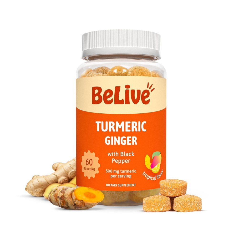 BeLive gurkemeje med sort peber & Ingefær - 500 mg gurkemeje og ingefær supplement til immunstøtte, sund hud, og mobilitet - Tropisk Arv 124; 60 Tæl