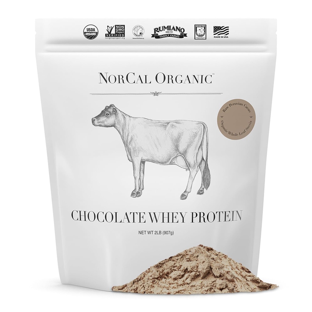 NorCal Organic Chocolate Whey Protein; 100% USA Grass- Fed, USDA Certified osv. 124; naturligt aromatiseret med rå Cacao fra California Family Farms