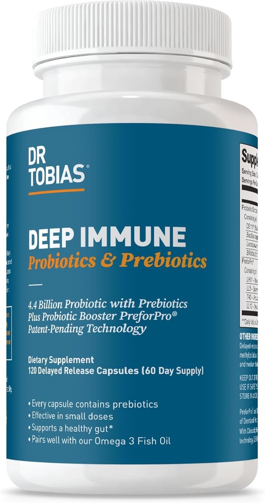 Dr. Tobias Deep Immune Probiotika & Prebiotika, Dobbelt Handling Fordøjelse & Immun Support med PreforPro Prebiotika & Forsinket Release Spore Danning Probiotika for kvinder & mænd, 120 Kapsler, 60 Servering