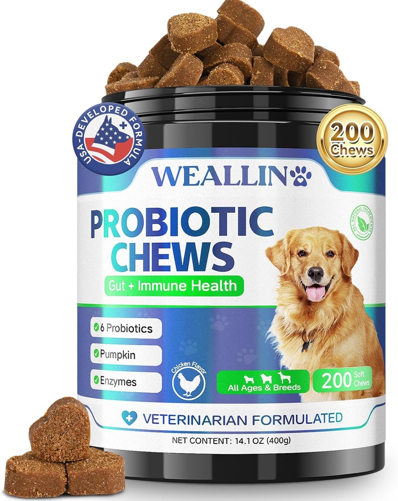 200 PCS Probiotika til hunde - Hund Probiotiske Chews for Gut Health, fordøjelsesstøtte & Itchy Skin Relief Pet Diarré Gas Treatment - Probiotika, fordøjelsesenzymer, Prebiotika, Pumpkin
