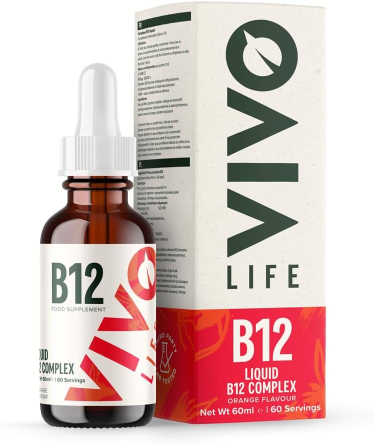 Vivo Life - Vitamin B12 Complex, High Potency Health Supplement, Orange Flavor Liquid Drops, 60ml, 60 Servings