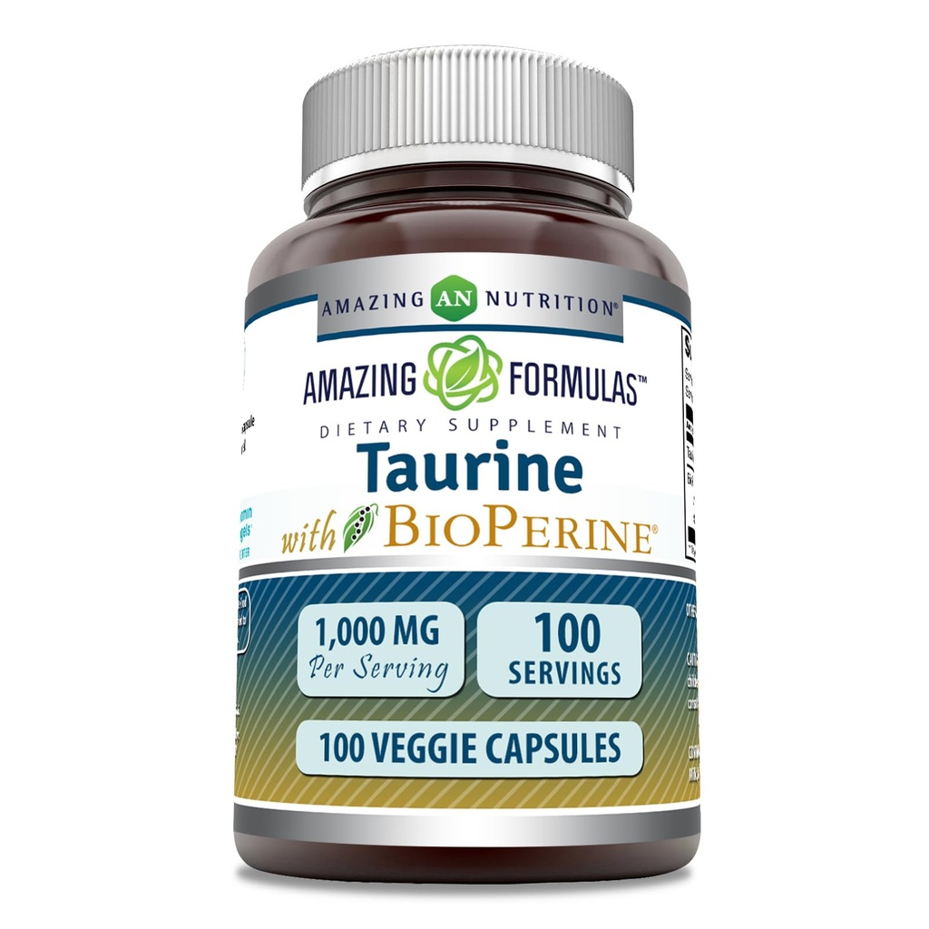 Amazing Formulas Taurine with Bioperine 1000 Mg | Veggie Capsules Supplement | Non-GMO | Gluten-Free | Made in USA (1 Pack | 100 Count)