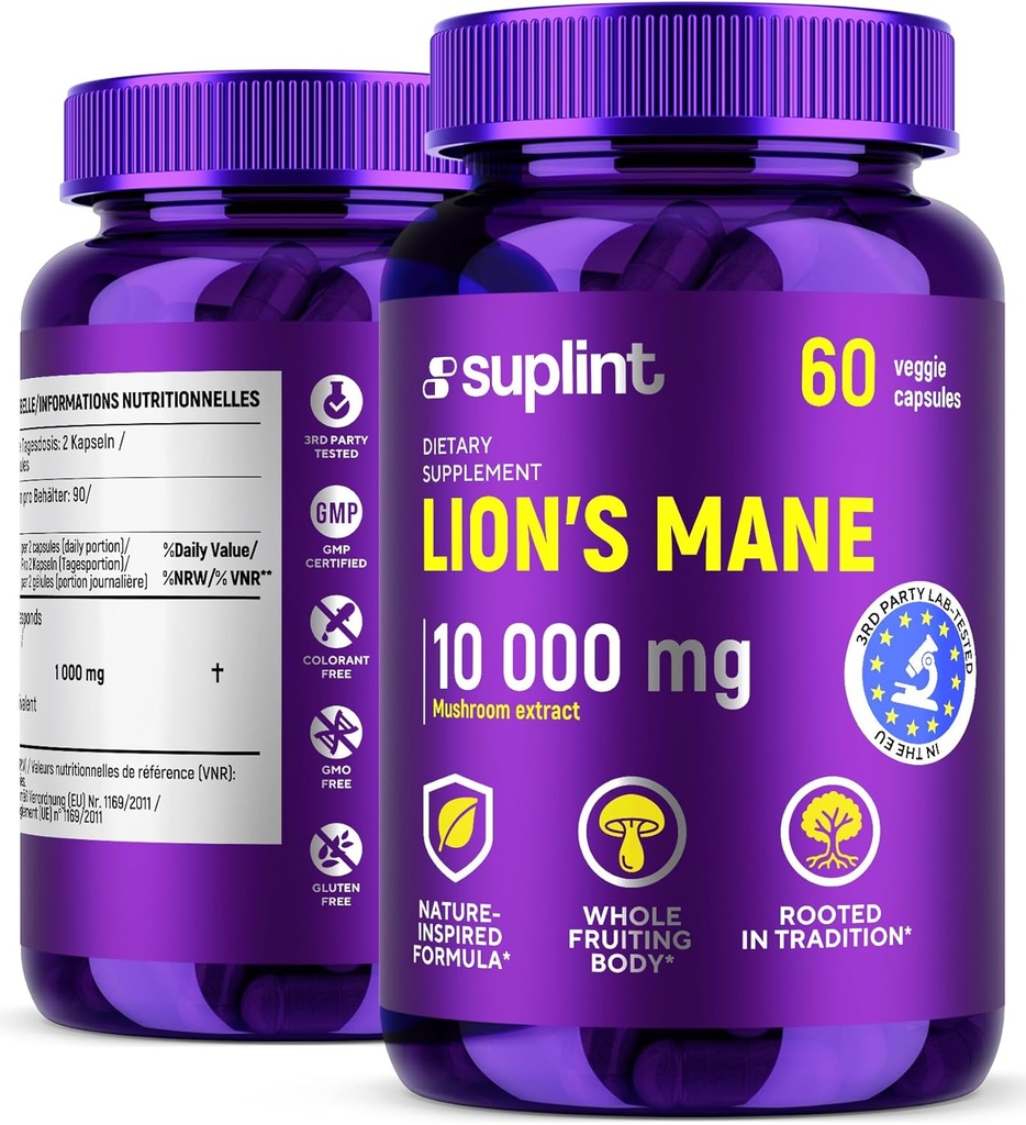 Lion 's Mane Mushroom Supplement 10. 000 mg 10. 000 mg 12.; Kosttilskud til hukommelse, fokus & Clarity 6. 4; Daglig immunsystem Support Complex til kvinder & mænd 124; Non- GMO, Gluten- fri, Vegan 12.; 60 kapsler