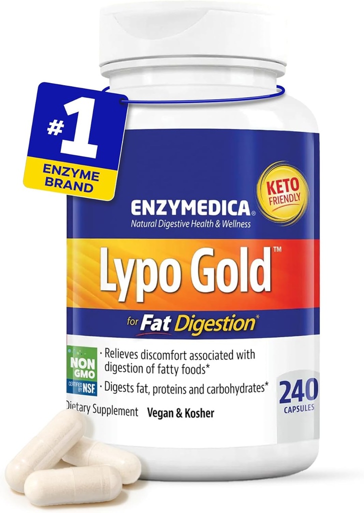 Enzymedica Lypo Gold, høj potens Lipase fordøjelsesenzymer for fedt fordøjelse, Understøtter lejlighedsvis Bloating Relief & fordøjelsessygdomme, Keto- Friendly, Vegan, 240 Kapsler