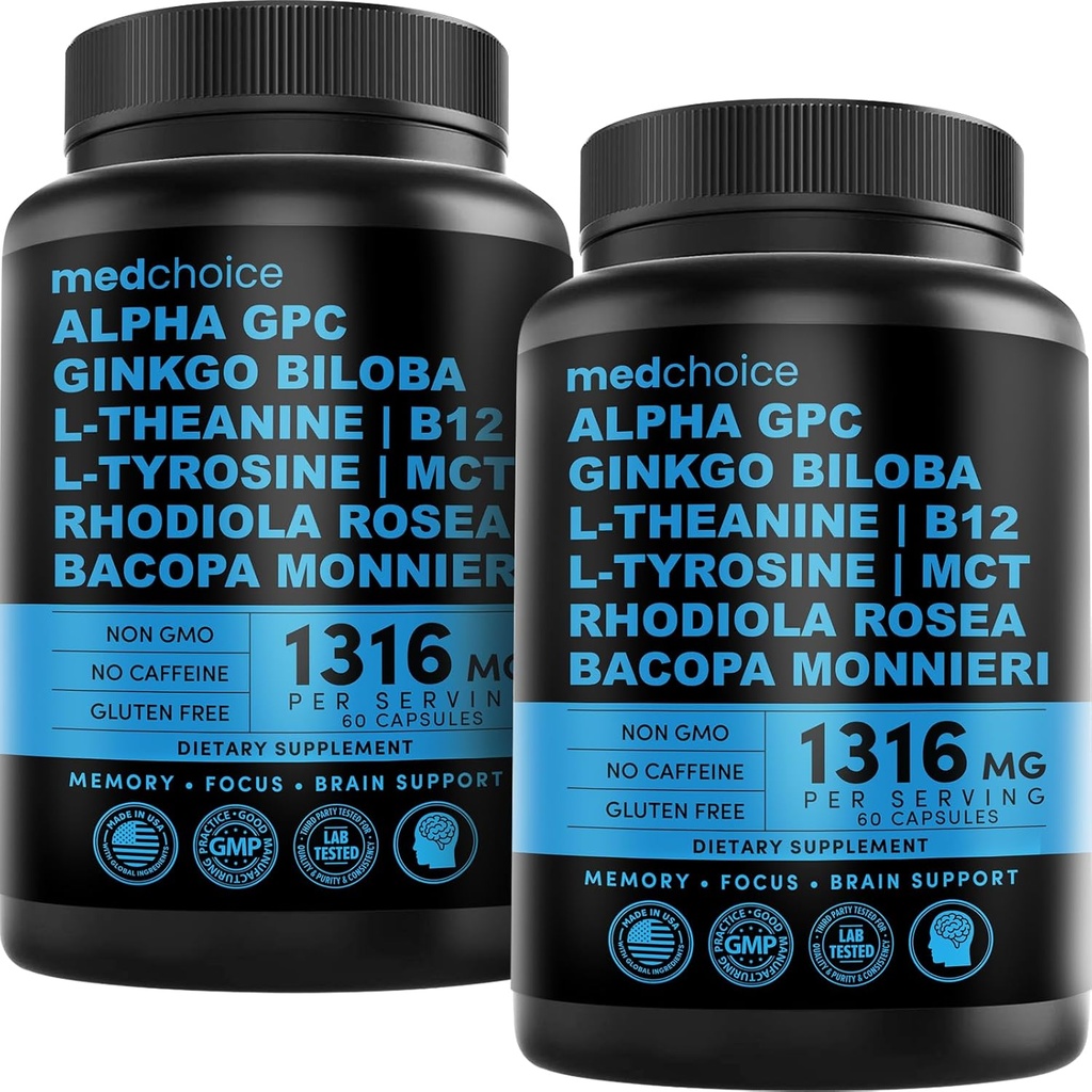 12- in-1 Nootrop Brain Supplement Vandfri: Ginkgo Biloba for Brain Support, Memory and Focus - B12, Alpha GPC, L Theanin og Cholin Kosttilskud med Bioperine Non Coffeined 1321mg (120ct)