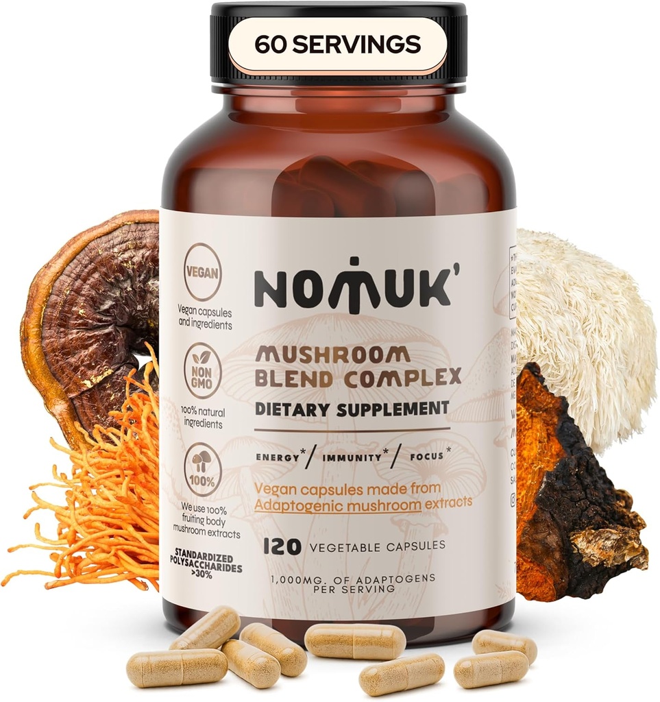 Adaptogen Mushroom Extract Blend Lions Mane, Reishi, Cordyceps, Chaga Supplement, 120 Kapsler.