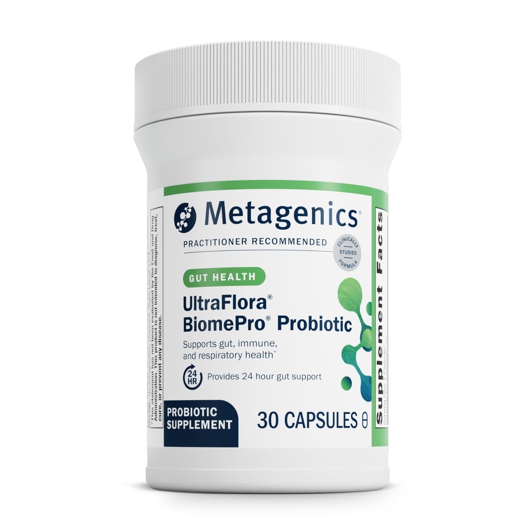 Metagenics UltraFlora BiomePro Probiotic Supplement - 105 Millioner CFU Multistamme Formel med Lactobacillus Acidophilus - Shelf- stable for fordøjelsessygdomme, Gut Flora & immunforsvar * - 30 kapsler