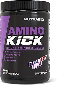 NutraBio Amino Kick - BCAA pulver med naturlig koffein - Aminosyrer supplement til energi, hydrering & inddrivelse - BCAA, elektrolyter & aminosyrer - Grape Berry Crush, 30 Servere