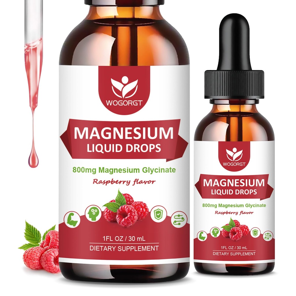 (2 Pack) Magnesium Glycinate Liquid Drops med Citrate & Taurate - High Absorption 1000mg Liquid Magnesium Complex med D3, GABA, L- theanin for Cognition, Muscle & Focus, Raspberry Flavor - 30ml