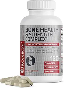 Bronson Bone Health & Strength Complex * High Potency Formel 200 MCG af vitamin K2 som MK7, Plus Calcium, Bor, Cissus Quadrangularis, Magnesium, Vitamin D3, og mere - ikke-GMO, 120 tabletter