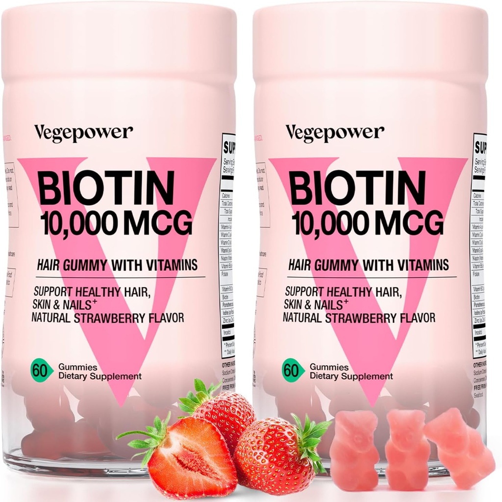 Biotin Gummies 10000mcg Kosttilskud - med vitamin C, A, D, B- kompleks, Folate, Zink til kvinder & Girls- Vegan Biotin hårvækst Gummy for sundt hår og negle, non-GMO, jordbær, 120 Bear