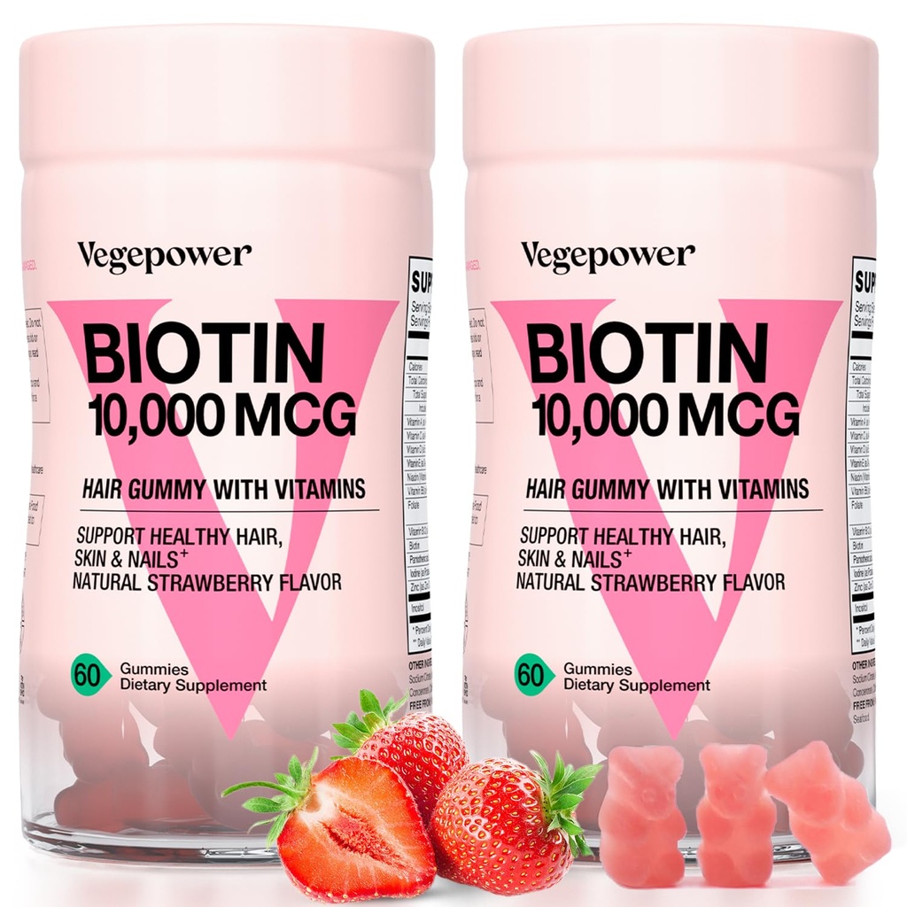 Biotin Gummies 10000mcg Kosttilskud - med vitamin C, A, D, B- kompleks, Folate, Zink til kvinder & Girls- Vegan Biotin hårvækst Gummy for sundt hår og negle, non-GMO, jordbær, 120 Bear