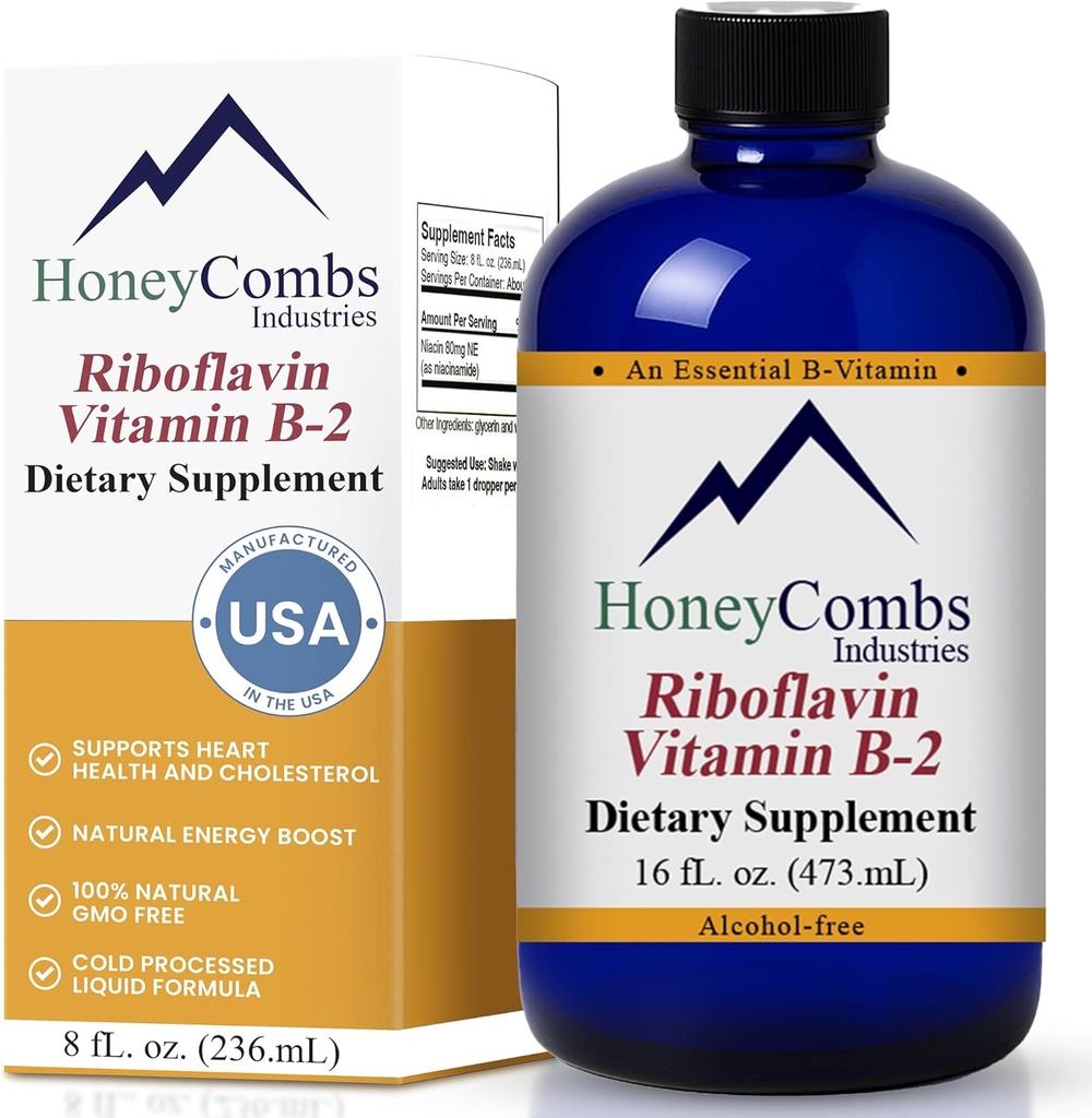 HoneyCombs vitamin B2 Riboflavin supplement flydende dråber - høj potens vitamin B2 for mænd og kvinder - opretholde sund fordøjelse, nervesystemet, hår, hud, negle - Vegansk flydende vitaminer (16 Fl oz)