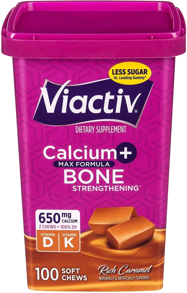 Viactiv Max Formel Calcium + D3- vitamin supplement til knoglesundhed, Rich Caramel, 100 bløde tykkere - 5 Pack