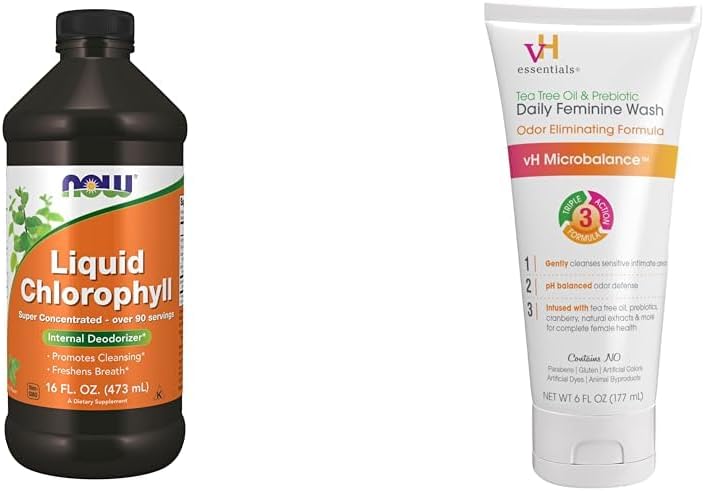 NOW Supplements, Liquid Chlorophyll, Super Concentrated, Internal Deodorizer*,Boost Energy & vH Essentials, Ph Balanced Daily Feminine Wash, Tea Tree Oil & Prebiotic, 6, Fl Oz, (Pack of 1)