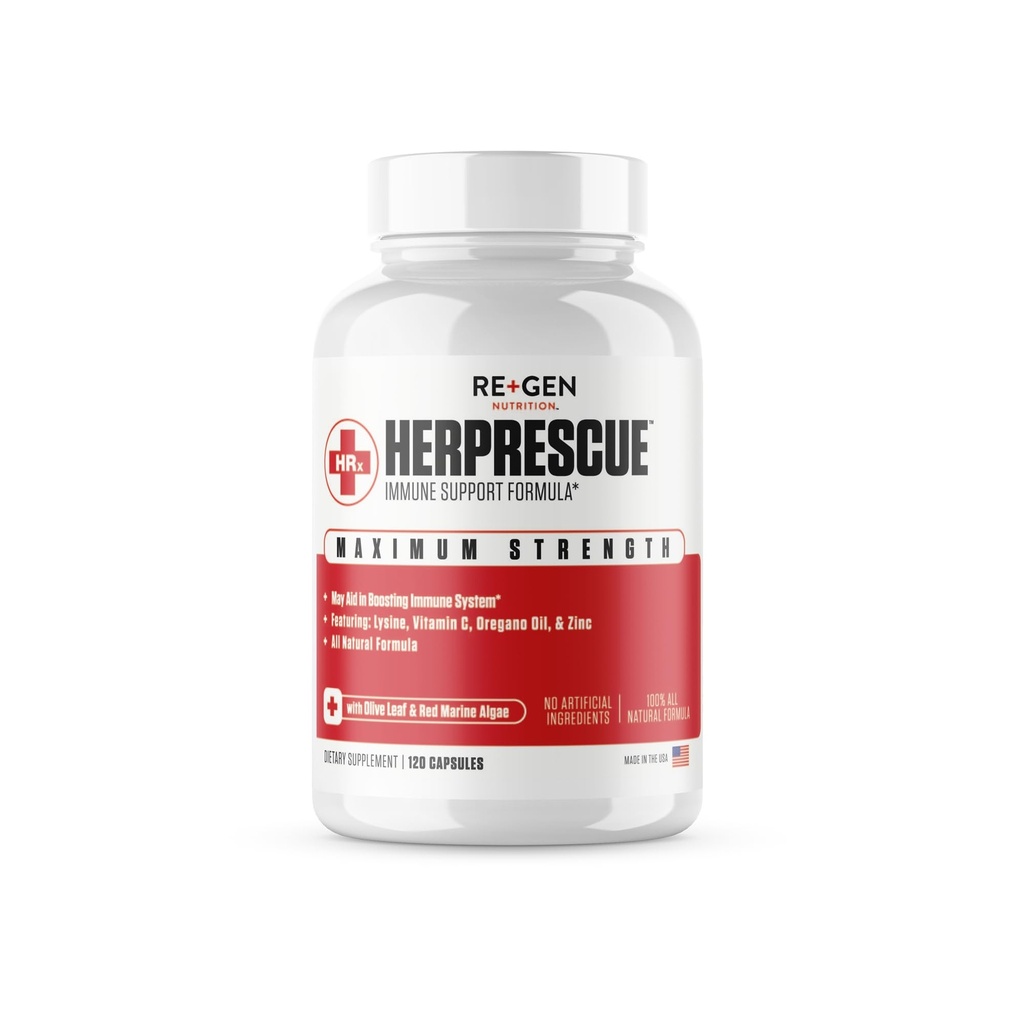 Re + Gen Nutrition HERPRESCUE Outbreak Support, Cold Sore Care for Voksne, Natural Capsules w / Zink, C-vitamin, & L lysine Aminosyre til immunforsvar, 120 kapsler