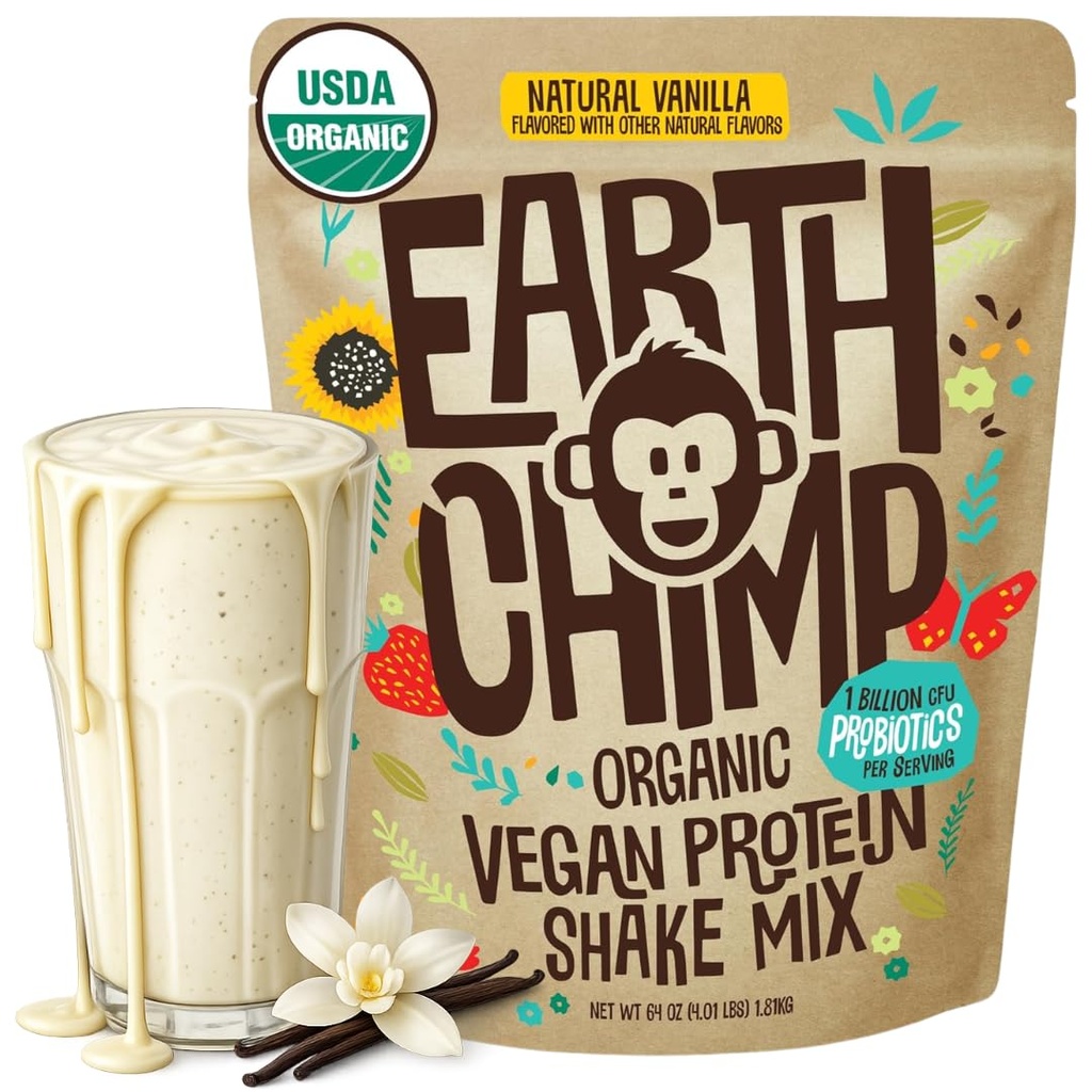 EarthChimp Organic Vegan Protein Powder - med Probiotika - Ikke GMO, Dairy Free, Non Whey, Plant Based Protein Powder for Women and Men, Gluten Free - 52 Servering 64 Oz (Vanilla)