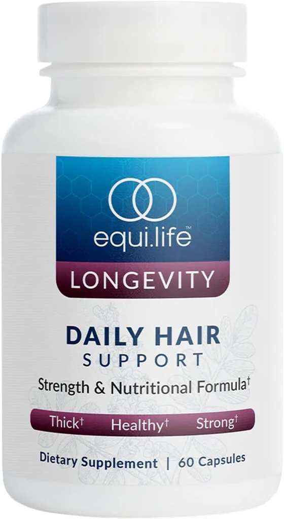Equilife Daglig hårstøtte, hårtillæg med Biotin, Ashwagandha, Zink, Selen, og Saw Palmetto, Vitaminer og mineraler til hår og skalp Nourisation, Gluten Free, 60 kapsler
