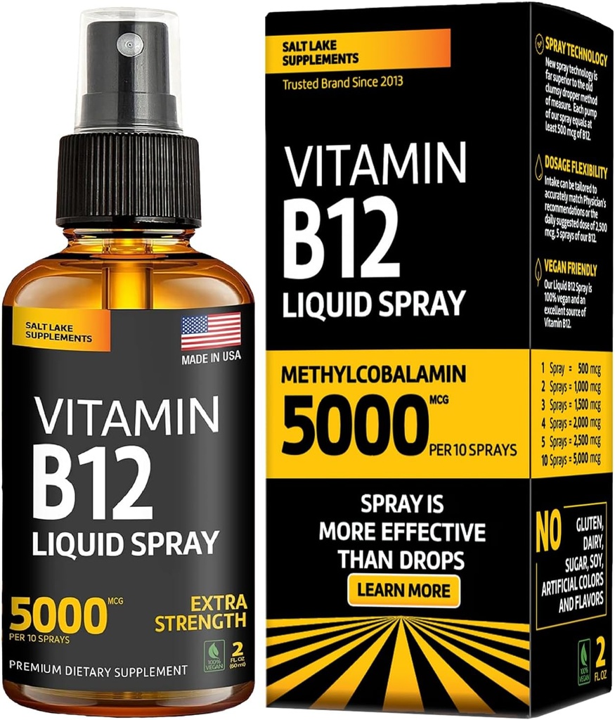 Vitamin B12 Sublingual Spray 5000 mcg - Vegan Methylcobalamin Liquid B12 Boost Energy, Mood & Brain Health - Glutenfri, ikke-GMO B12 Spray til mænd og kvinder - Easy Dosering (5000 mcg i 10 sprays)