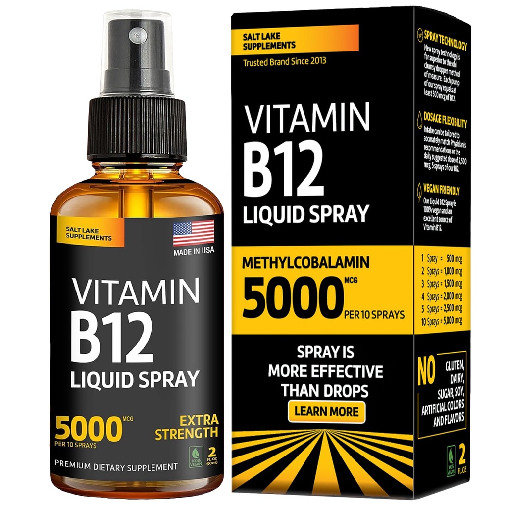 Vitamin B12 Sublingual Spray 5000 mcg - Vegan Methylcobalamin Liquid B12 Boost Energy, Mood & Brain Health - Glutenfri, ikke-GMO B12 Spray til mænd og kvinder - Easy Dosering (5000 mcg i 10 sprays)