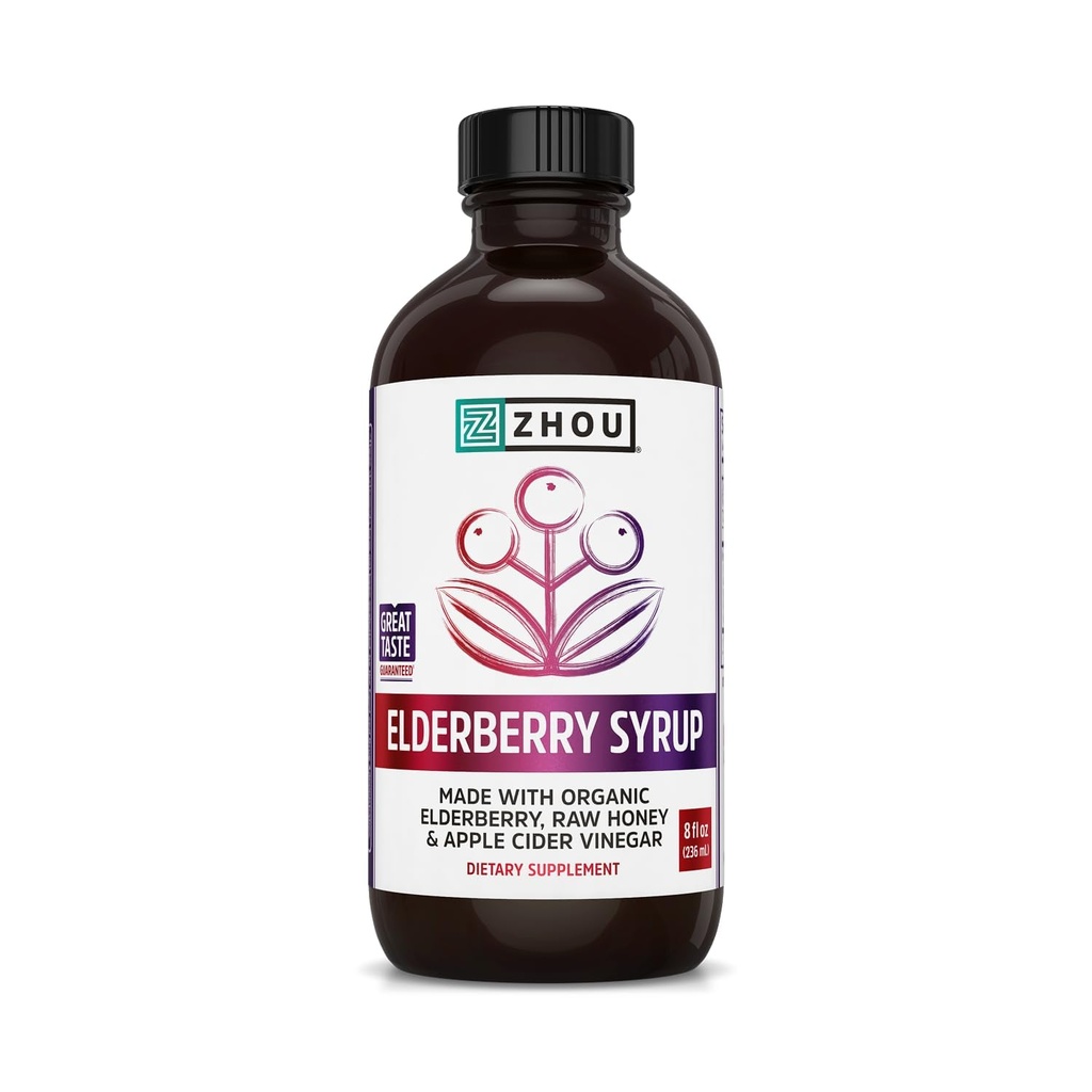 Zhou Nutrition Elder- Mune + Syrup - Organic Black Elderbery Syrup for voksne, immunsupport Elixir med Apple Cider Vinacea, Echinacea Tincture, Natural Wellness - 8 Fl Oz glasflaske