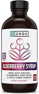 Zhou Nutrition Elder- Mune + Syrup - Organic Black Elderbery Syrup for voksne, immunsupport Elixir med Apple Cider Vinacea, Echinacea Tincture, Natural Wellness - 8 Fl Oz glasflaske
