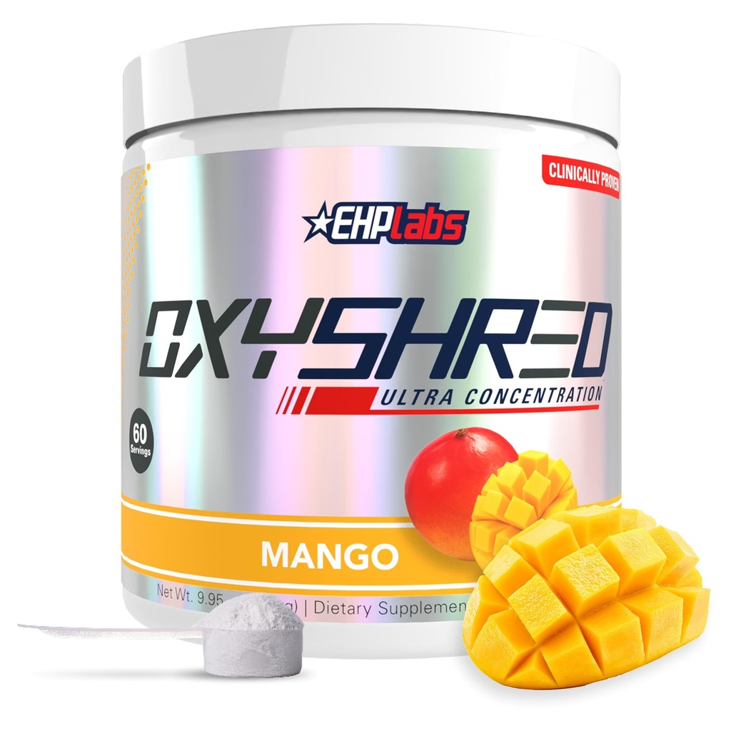 EHP Labs OxyShred Pre Workout Powder - Preworkout Powder med L Glutamin & Acetyl L Carnitin, Energy Boost Drink - Mango, 60 Servere
