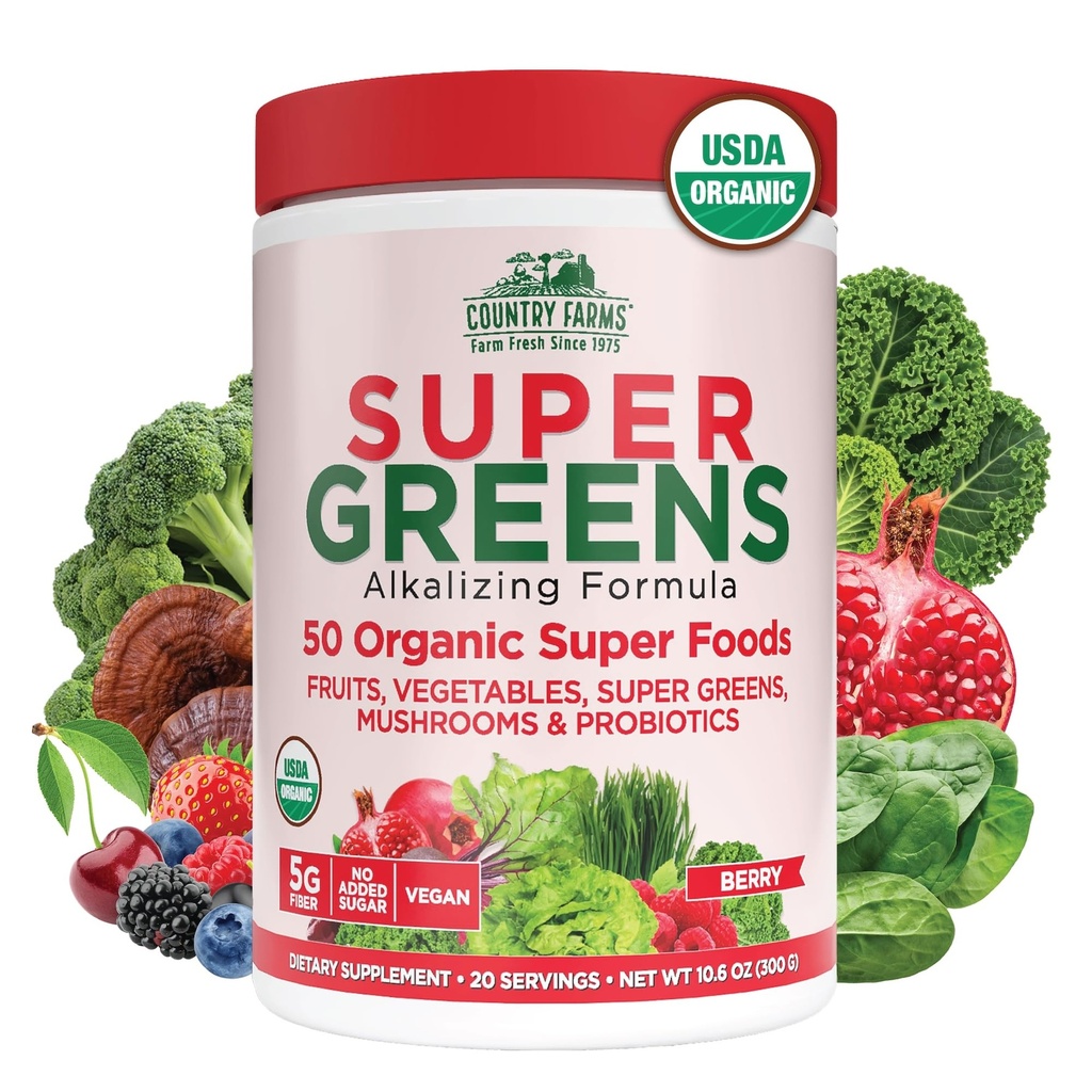 Country Farms Organic Super Green Berry Flavor, 50 Organic Super Foods, Pakket med Fiber, USDA Organic Drink Mix, Frugter, Grøntsager, Svampe & Probiotika, Understøtter Energi, 5g Fiber