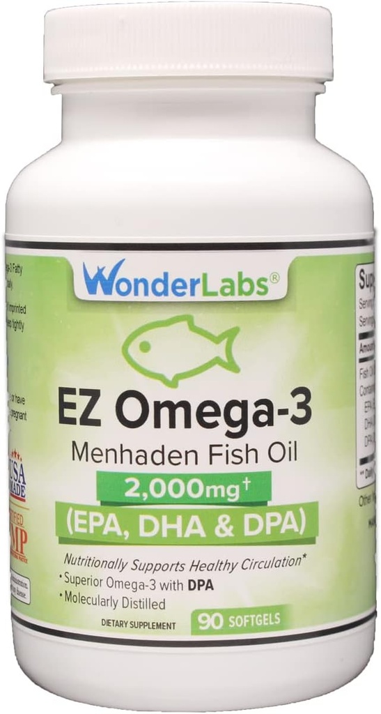 Atlantic Menhaden Fish Oil Omega-3 2000 mg, Burpless, Made in The USA, Perfect Balance of EPA + DHA + DPA 90 Softgels