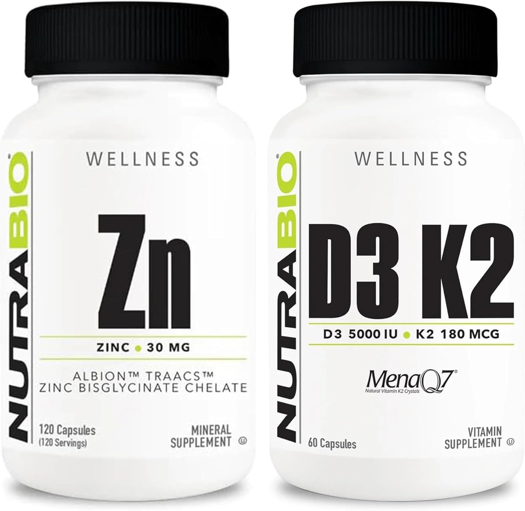 Nutrabio Zinkchelat og vitamin D3 K2 Mineral supplement Bundle - Kan hjælpe med korrekt vækst, udvikling, immunsystem, og ben og hjerte sundhed