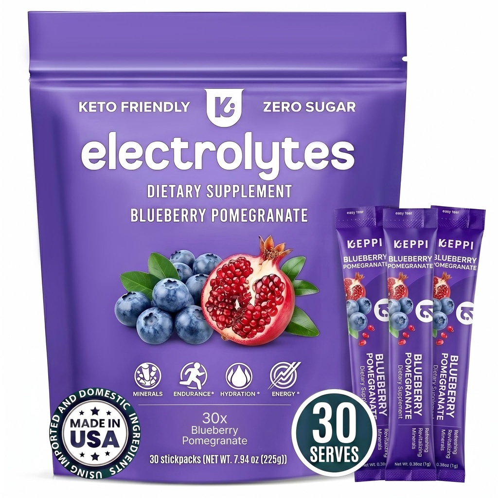 Keppi Electrolytes Powder Packets - Blåbær Pomegranate 30 Servering - Ingen sukker hydrering supplement med kalium, magnesium, natrium - Keto, Vegan, Fasting- Friendly, Zero Calorie Hydration Packets