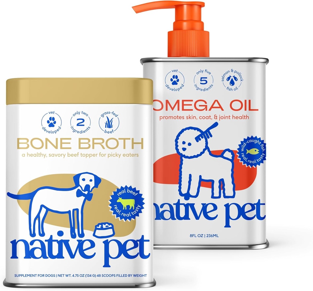Indfødt Pet Omega Olie til Hunde (8 oz.) & Oksekød Bone Broth til Hunde (4.75 oz.) - Lavet med Wild Alaska Salmon Oil - EPA DHA og Bone Broth Powder Food Topper til Picky Eater