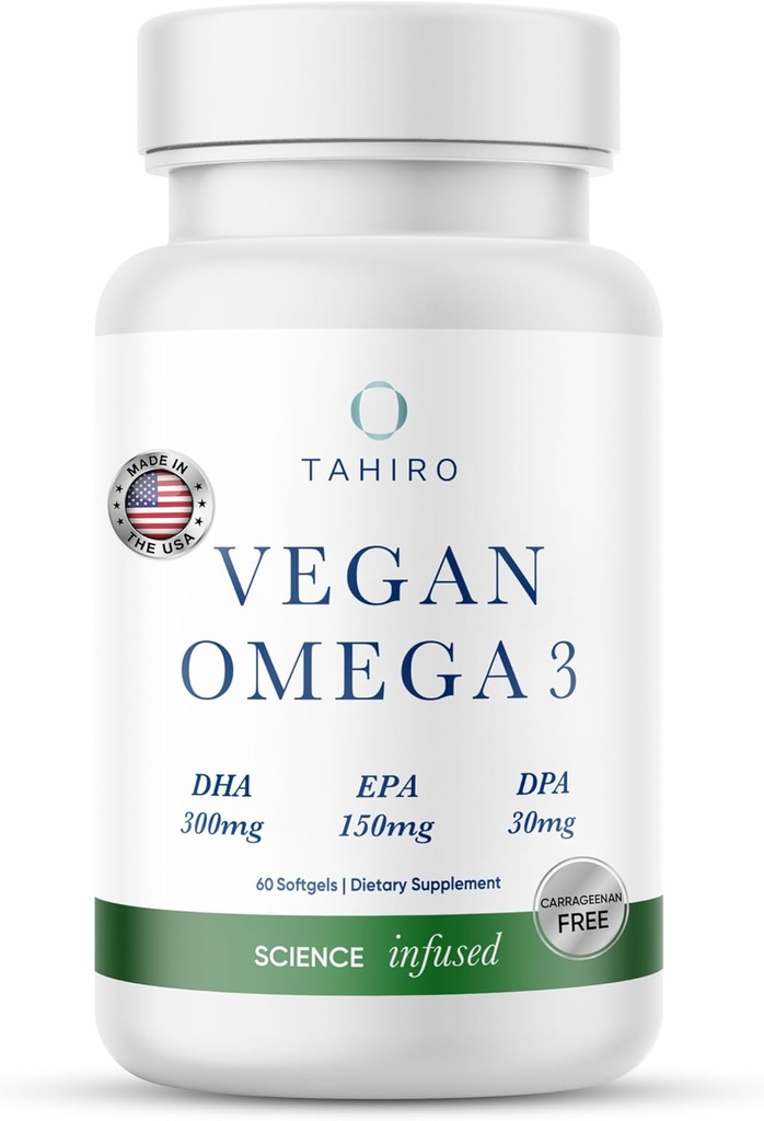 TAHIRO Vegan Omega-3 Softgels - Plant- baseret tillæg med DPA, DHA & EPA - Næringsstoffer til mænd, kvinder og gravide kvinder - Understøtter hjerne sundhed - Prenatal & fælles kosttilskud, 1000 mg