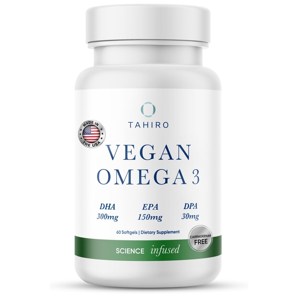 TAHIRO Vegan Omega-3 Softgels - Plant- baseret tillæg med DPA, DHA & EPA - Næringsstoffer til mænd, kvinder og gravide kvinder - Understøtter hjerne sundhed - Prenatal & fælles kosttilskud, 1000 mg
