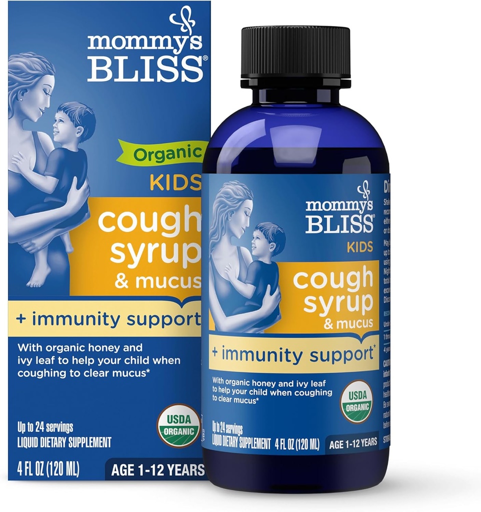 Mors Bliss Organic Kids Hoste Syrup og Mucus Relief + Immunity Support, Agave & Honning, Ivy Leaf, Elderberry, Zink, C-vitamin, 4 Fl Oz