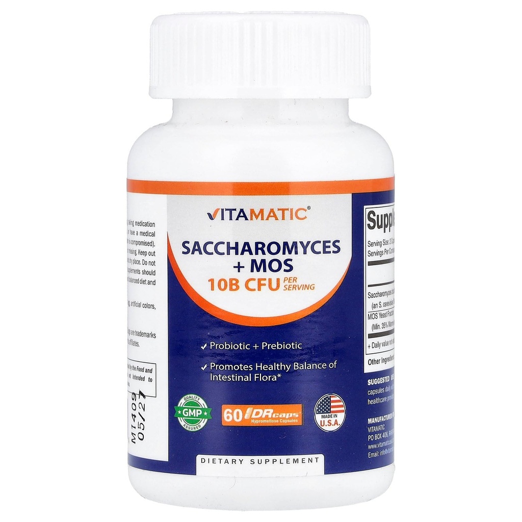 Vitamatic Saccharomyces Boulardii Probiotic 10B per Serving + Yeast Extract (MOS Yeast Fraction) 300 mg - 60 DR kapsler - Made in The USA