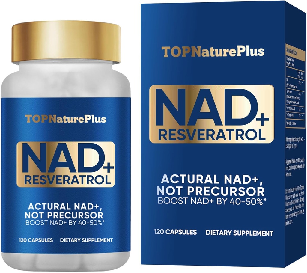 NAD + supplement 1000 mg Pure Organic, Højeste NAD + Resveratrol Supplement Max Absorption for Energy og DNA Repair, Aging Defense, Brain Function Support, 120 Kapsler