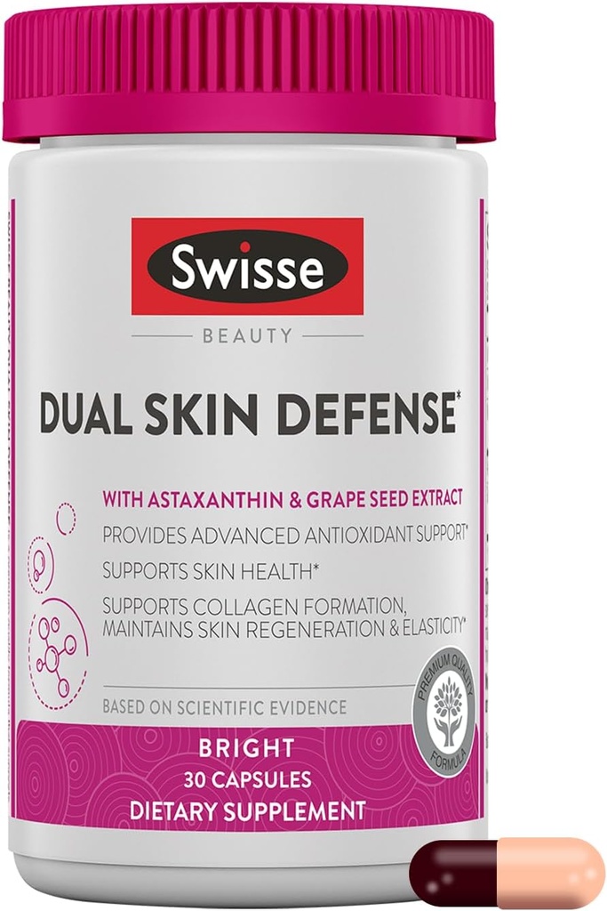 Swisse Beauty Dual Skin Defense Support 124; Astaxanthin, Grape Seed Extract, og C-vitamin 124; Understøtter Collagen Dannelse, Hud Elasticitet, Antioxidant Protection & Regeneration Medical 124; 30 Kapsler