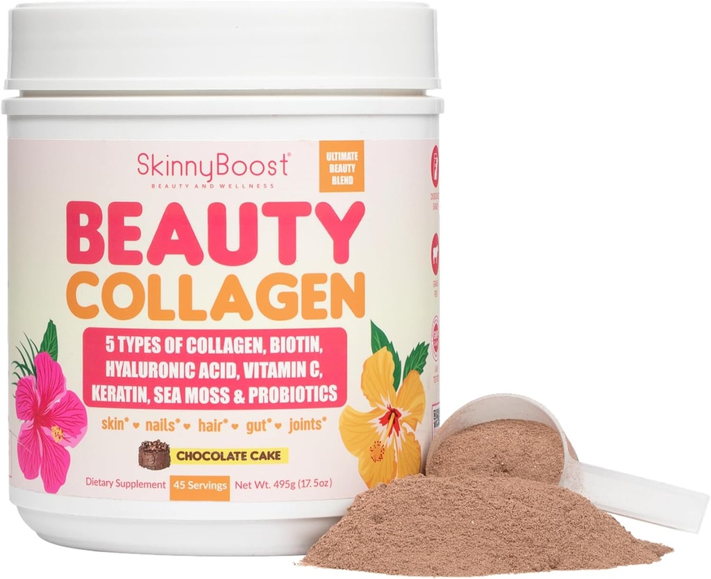 Skønhed Collagen Powder- 5 Typer af hydrolyseret Collagen, Sea Moss, Biotin, Keratin, Hyaluronsyre, C-vitamin og probiotika-hår, hud, Nail- Alle naturlige, Lavet i USA- 45 Server- Chokolade