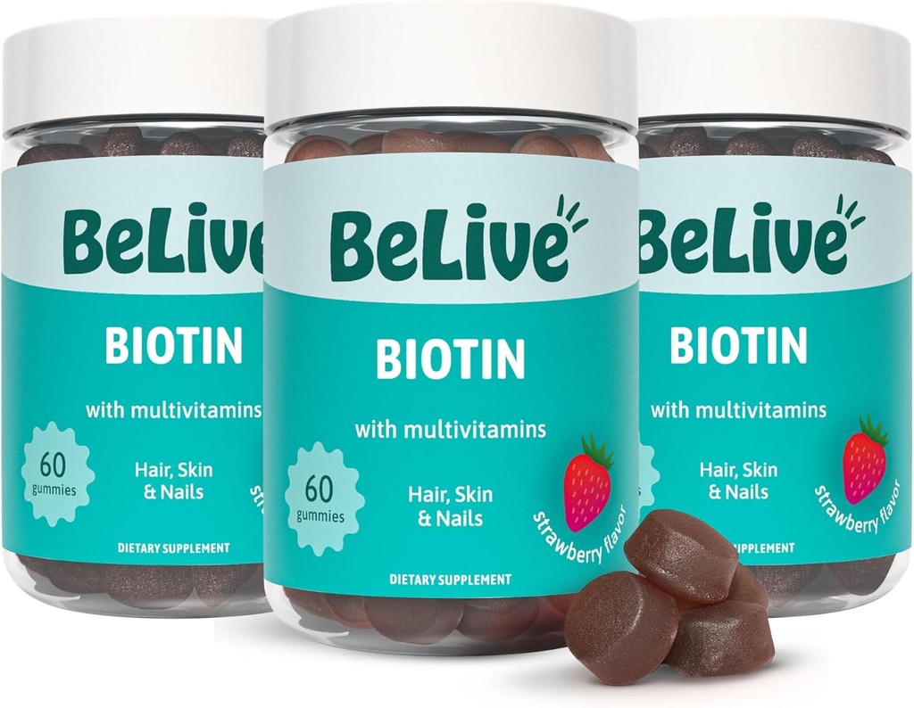 BeLive Biotin Gummies - Hud, negle og hår vitaminer med A, C, D, E, B12, Zink, Folate & Inositol, biotin supplement til anti-Aging, Energy & Collagen Boost, Multivitamin Gummies - Strawberry