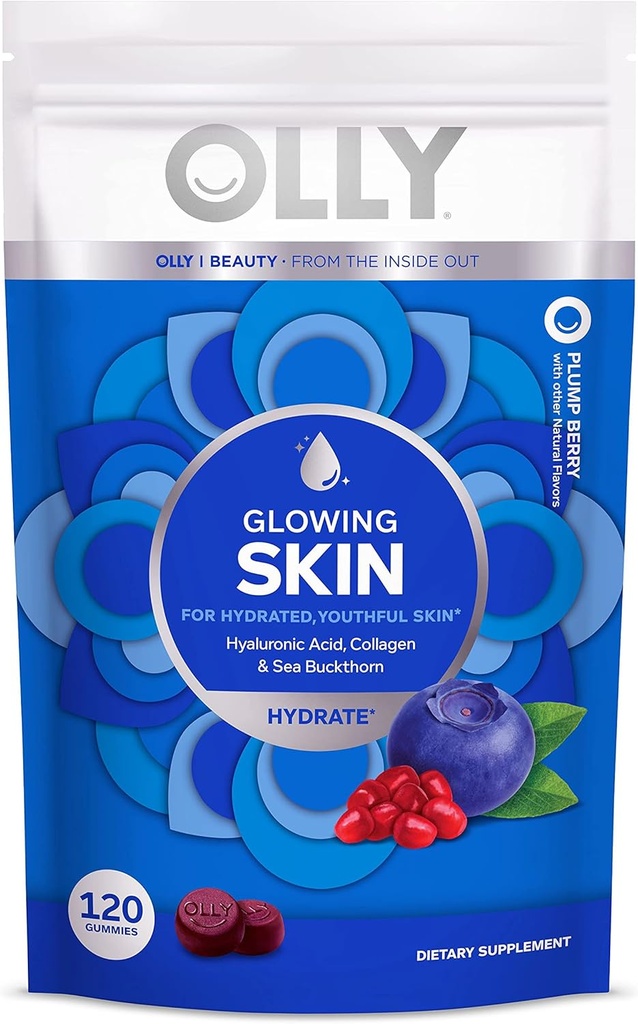 OLLY glødende hud Collagen Gummy, Hydrated, Yellow Skin, Hyaluronsyre, Sea Buckthorn, Chewable Supplement, Berry, 60 Day Supply - 120 Count Pouch (Pack of 6)