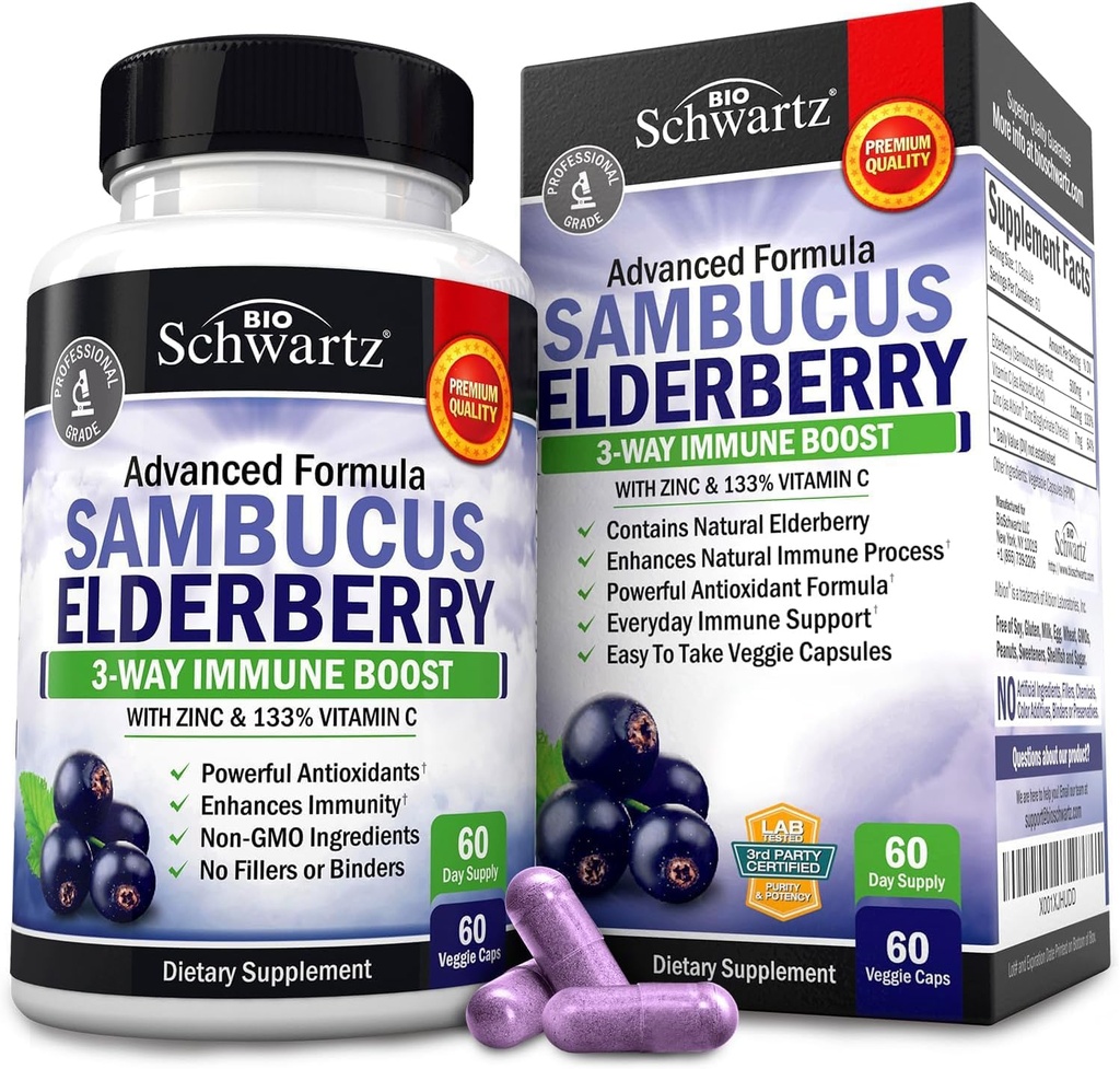 BioSchwartz Elderberry Capsules 60 Count + Probiotic 40 Millioner CFU 60 Count Bundle