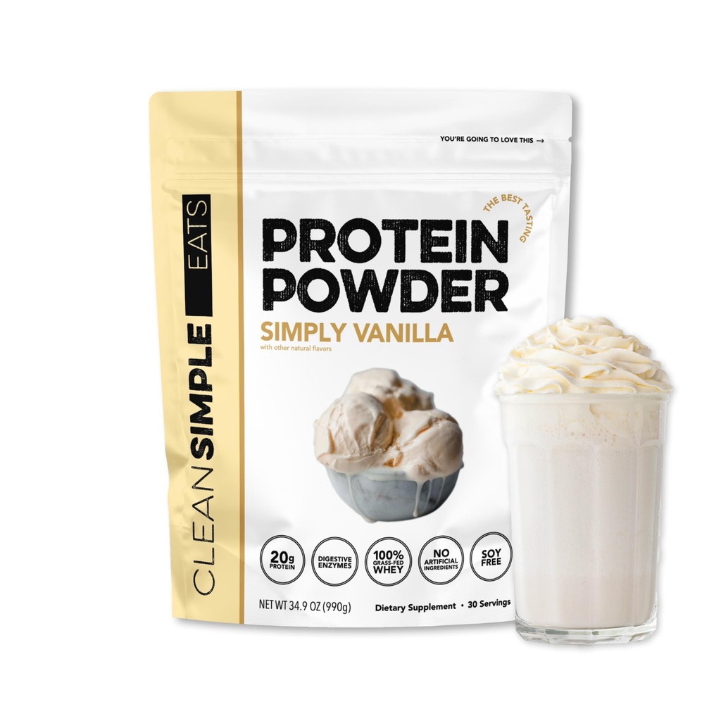 Rene Simple Spiser Whey Protein Powder, Simply Vanilla Flavor naturligt sødet, 100% Græs Fedt Protein Powder med fordøjelige enzymer & ingen kunstige ingredienser, Gluten Free, 30 Servere