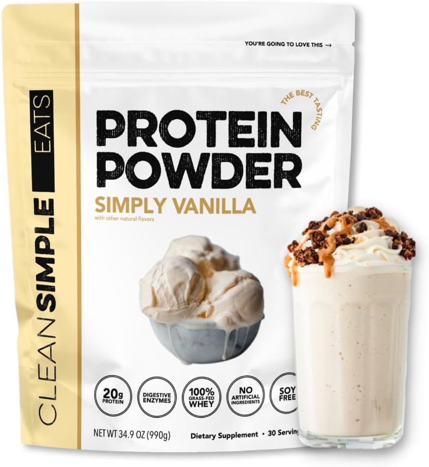 Rene Simple Spiser Whey Protein Powder, Simply Vanilla Flavor naturligt sødet, 100% Græs Fedt Protein Powder med fordøjelige enzymer & ingen kunstige ingredienser, Gluten Free, 30 Servere